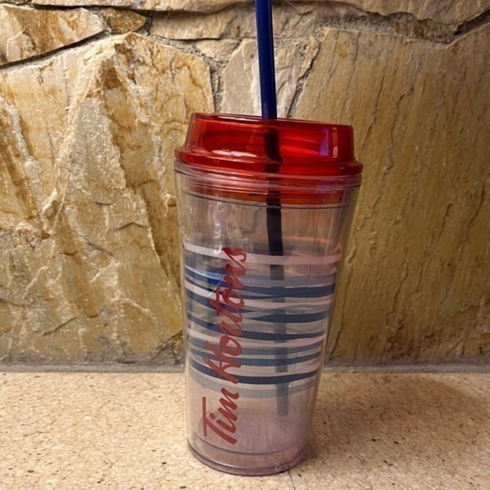 Tim Hortons 2014 Reusable Tumbler Glass Plastic Clear Blue Stripes 16 oz